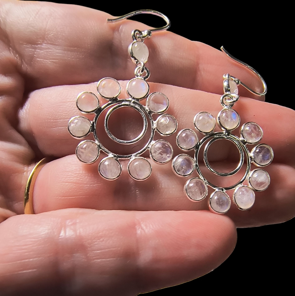 Rainbow Moonstone And Sterling Silver Artisan Flower Earrings - Picture 5 of 8
